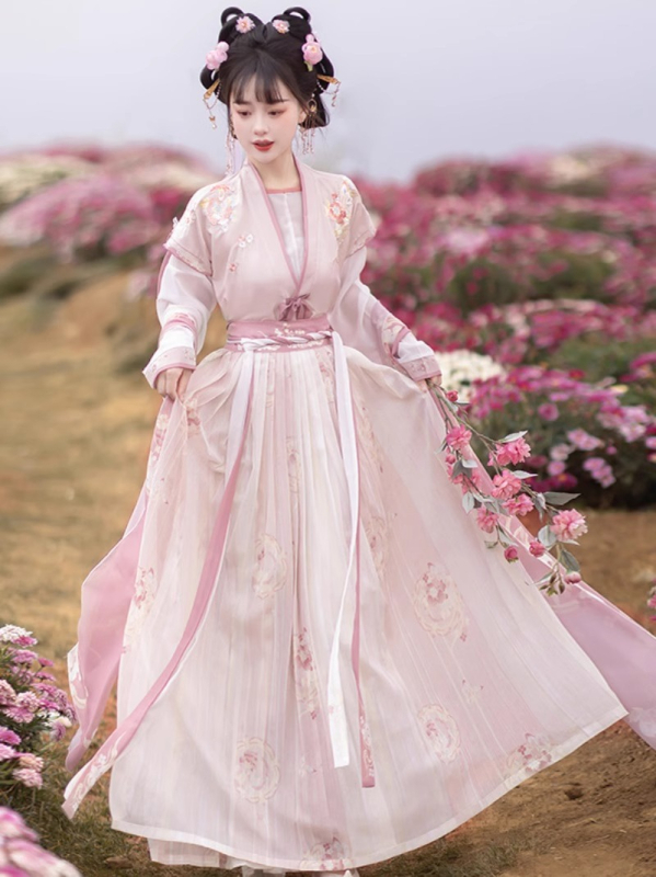 Ženski hanfu ruqun set s ručno izvezenim cvjetnim i leptirovim motivom, geometrijski uzorak, proljeće-ljeto