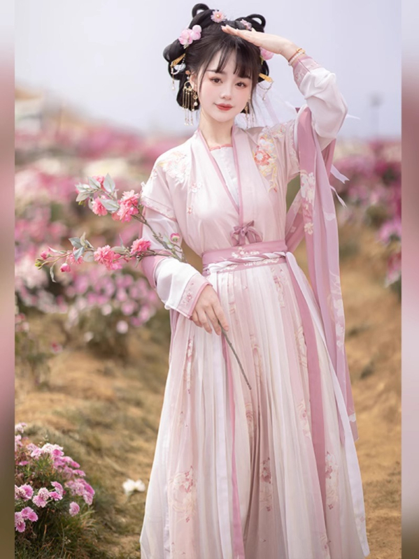 Ženski hanfu ruqun set s ručno izvezenim cvjetnim i leptirovim motivom, geometrijski uzorak, proljeće-ljeto