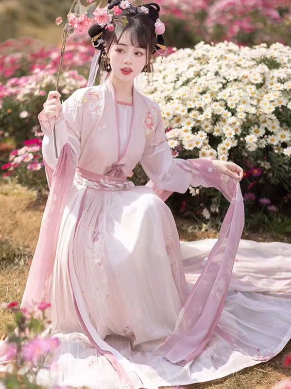 Ženski hanfu ruqun set s ručno izvezenim cvjetnim i leptirovim motivom, geometrijski uzorak, proljeće-ljeto