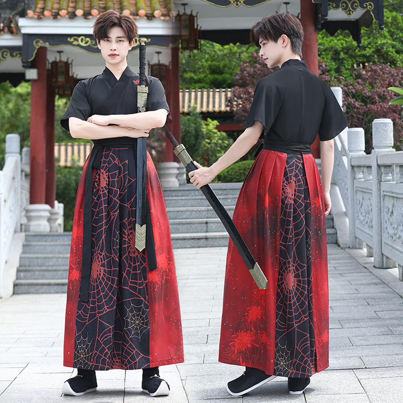 Muški komplet u kineskom stilu s izšivanjem, kratkih rukava, plus veličina, poliester