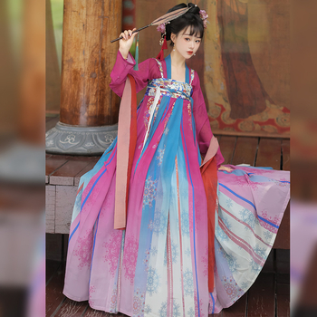 Hanfu za žene inspiriran Tang dinastijom, dvodijelni komplet s vrškom do prsa i odgovarajućom suknjom, širokim rukavima, svakodnevna nosnja za proljeće i ljeto, pogodno za putne fotografije.