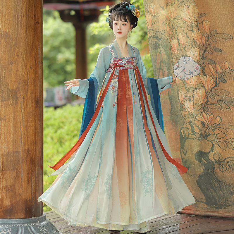 Hanfu za žene inspiriran Tang dinastijom, dvodijelni komplet s vrškom do prsa i odgovarajućom suknjom, širokim rukavima, svakodnevna nosnja za proljeće i ljeto, pogodno za putne fotografije.