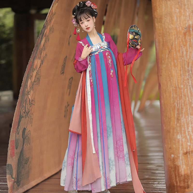 Hanfu za žene inspiriran Tang dinastijom, dvodijelni komplet s vrškom do prsa i odgovarajućom suknjom, širokim rukavima, svakodnevna nosnja za proljeće i ljeto, pogodno za putne fotografije.