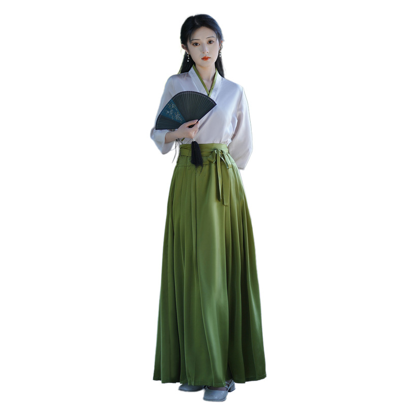 2026 Novi kineski stil – satenski retro poboljšani Mamian suknja Hanfu set s topom sa srednjim rukavima i vrpcom