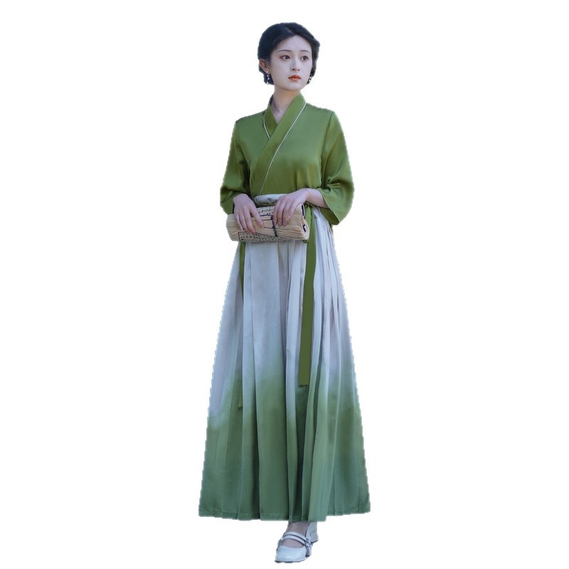 2026 Novi kineski stil satenski Hanfu set sa suknjom s atramentnim gradijentom i topom s polugolim rukavima, uz traku