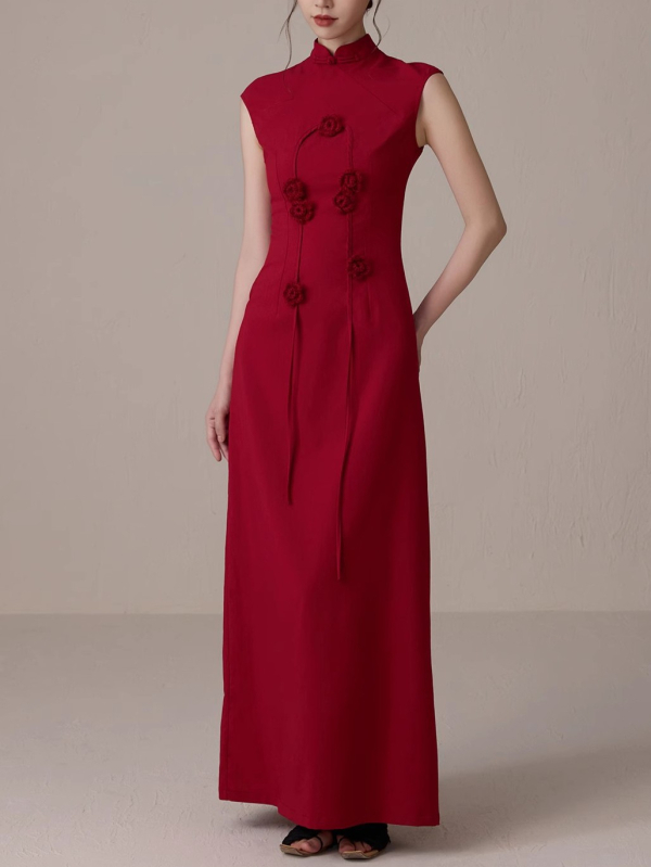 Nova haljina cheongsam u kineskom stilu s crvenim cvjetnim uzorkom za žene, 2025.