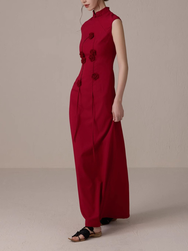 Nova haljina cheongsam u kineskom stilu s crvenim cvjetnim uzorkom za žene, 2025.