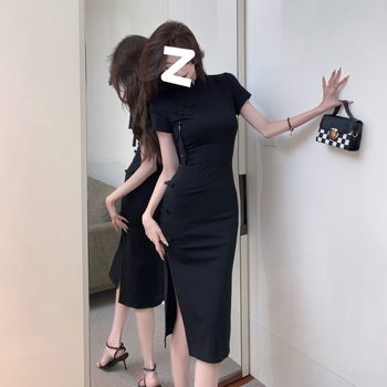 Ženska kineska vintage cheongsam haljina, crna, naglašeni struk, srednja duljina, prorez, A-linijski kroj