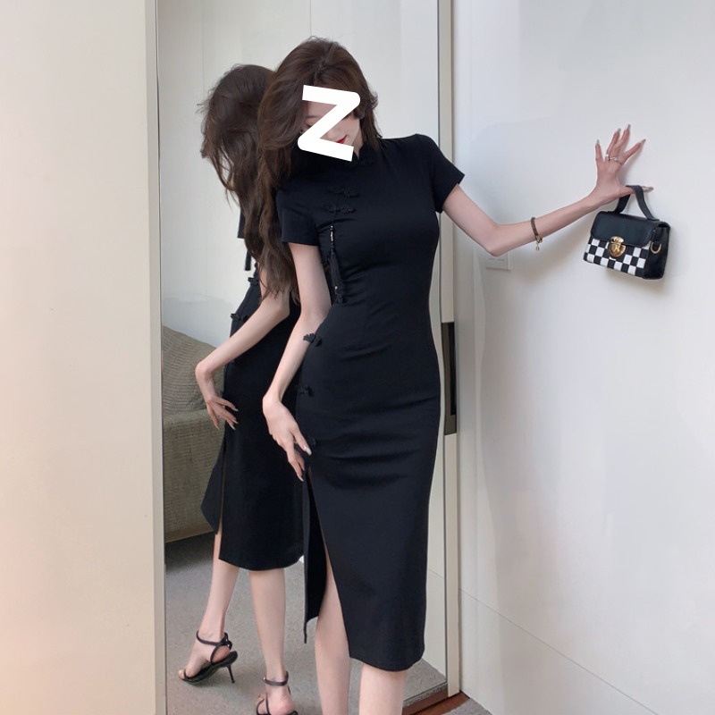 Ženska kineska vintage cheongsam haljina, crna, naglašeni struk, srednja duljina, prorez, A-linijski kroj