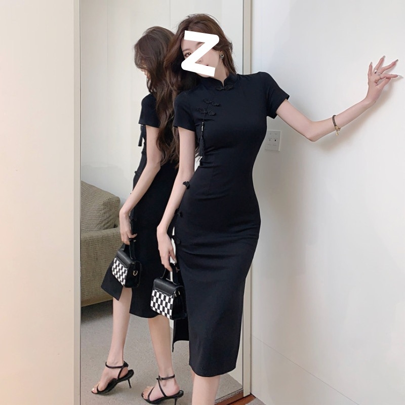 Ženska kineska vintage cheongsam haljina, crna, naglašeni struk, srednja duljina, prorez, A-linijski kroj