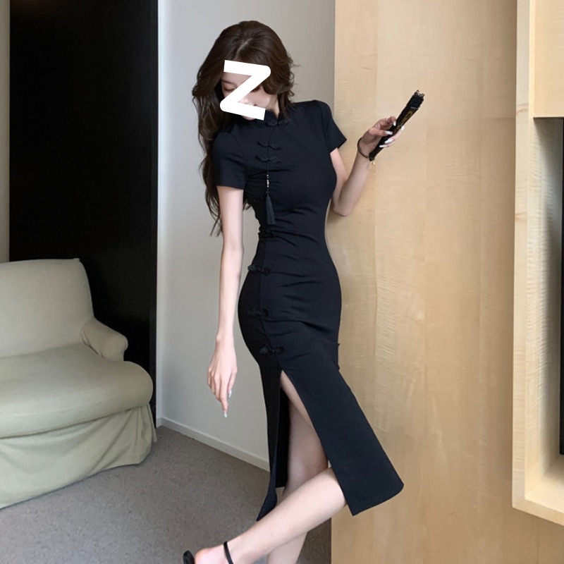 Ženska kineska vintage cheongsam haljina, crna, naglašeni struk, srednja duljina, prorez, A-linijski kroj