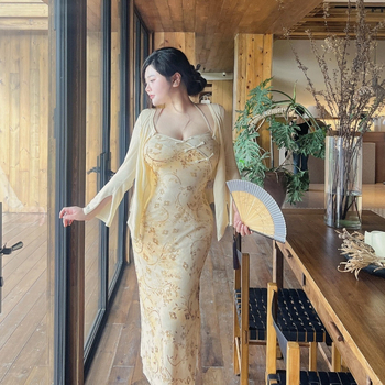 Plus-size kineskog stila, elegantan poboljšani cheongsam s halter ovratnikom, otvorena leđa, seksi, tijelo-prilagođena duga haljina bodycon