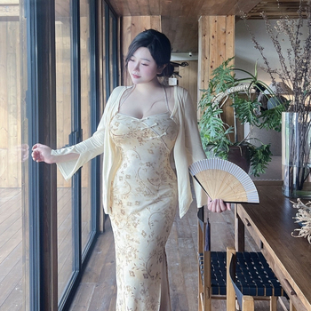Plus-size kineskog stila, elegantan poboljšani cheongsam s halter ovratnikom, otvorena leđa, seksi, tijelo-prilagođena duga haljina bodycon