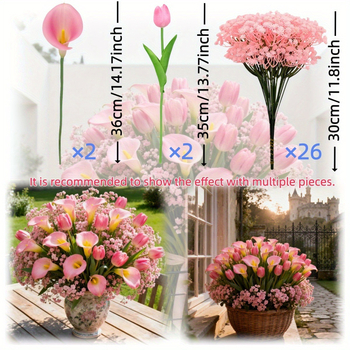 30 bucăți flori artificiale Calla Lily, lalele și Baby's Breath, buchet de mână, decor casnic în stil european