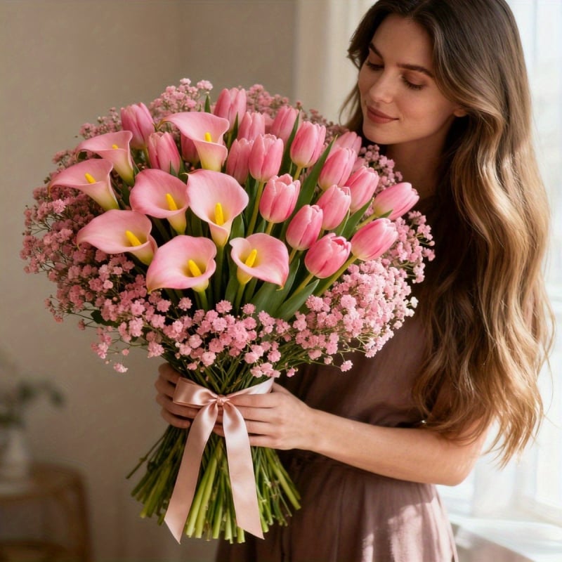 30 bucăți flori artificiale Calla Lily, lalele și Baby's Breath, buchet de mână, decor casnic în stil european