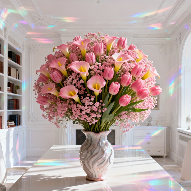 30 bucăți flori artificiale Calla Lily, lalele și Baby's Breath, buchet de mână, decor casnic în stil european