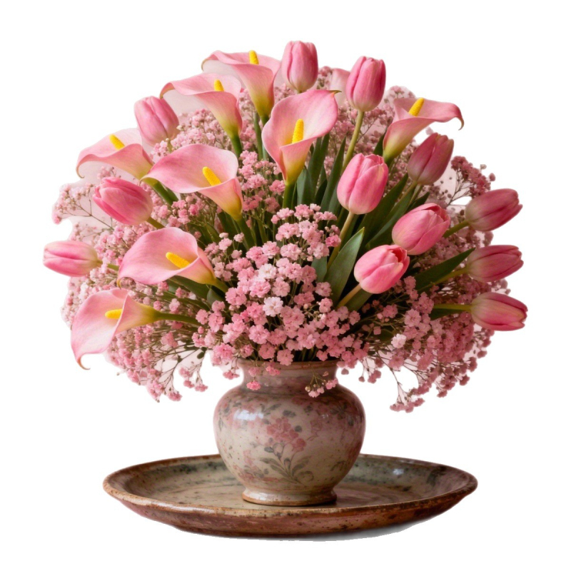 30 bucăți flori artificiale Calla Lily, lalele și Baby's Breath, buchet de mână, decor casnic în stil european