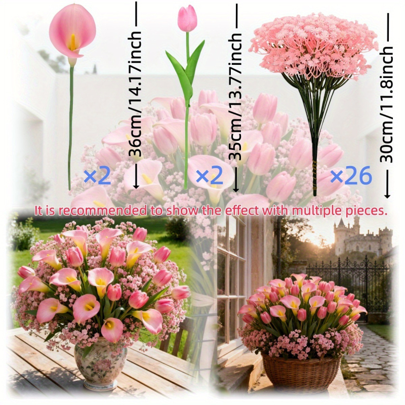 30 bucăți flori artificiale Calla Lily, lalele și Baby's Breath, buchet de mână, decor casnic în stil european