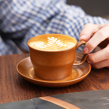 Set ceramic de cafea cu ceașcă și farfurioară, stil retro, latte art, culoare solidă, logo personalizabil