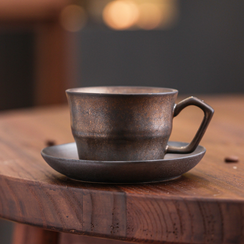 Set ceramic de cafea cu ceașcă și farfurioară, stil retro, latte art, culoare solidă, logo personalizabil