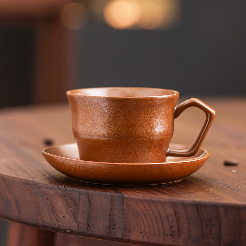 Set ceramic de cafea cu ceașcă și farfurioară, stil retro, latte art, culoare solidă, logo personalizabil