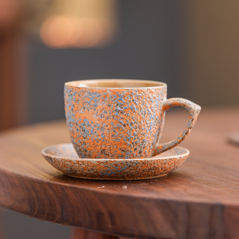 Set ceramic de cafea cu ceașcă și farfurioară, stil retro, latte art, culoare solidă, logo personalizabil