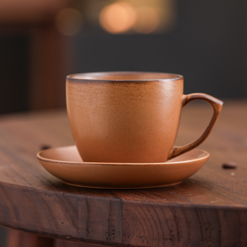 Set ceramic de cafea cu ceașcă și farfurioară, stil retro, latte art, culoare solidă, logo personalizabil