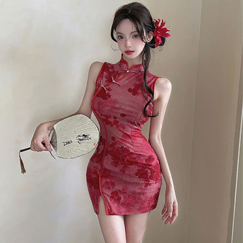 Uska cheongsam haljina, mala veličina, retro-modificirana, kratka haljina, stojeći ovratnik, duge rukave, ljeto