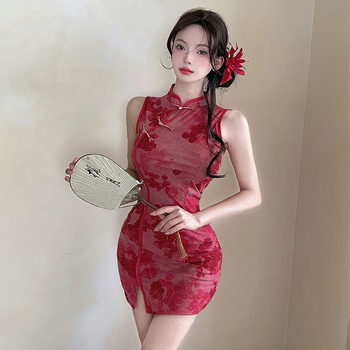 Uska cheongsam haljina, mala veličina, retro-modificirana, kratka haljina, stojeći ovratnik, duge rukave, ljeto