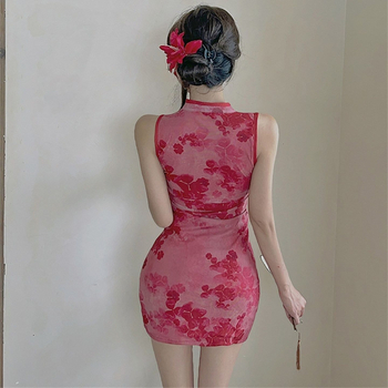 Uska cheongsam haljina, mala veličina, retro-modificirana, kratka haljina, stojeći ovratnik, duge rukave, ljeto