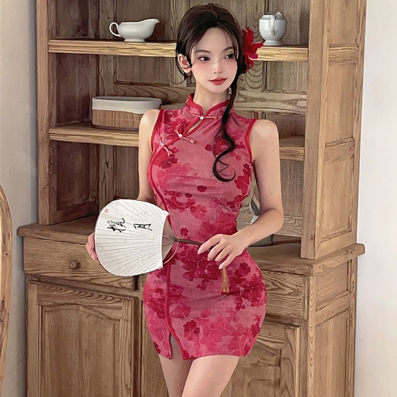 Uska cheongsam haljina, mala veličina, retro-modificirana, kratka haljina, stojeći ovratnik, duge rukave, ljeto