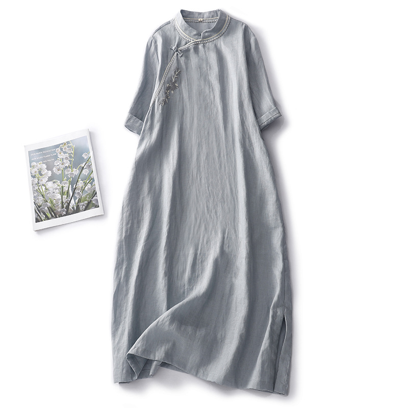 Ženska haljina od pamuk-linen materijala, inspirirana kineskim stilom, s finom vezom, duga jednodelna haljina, visok ovratnik