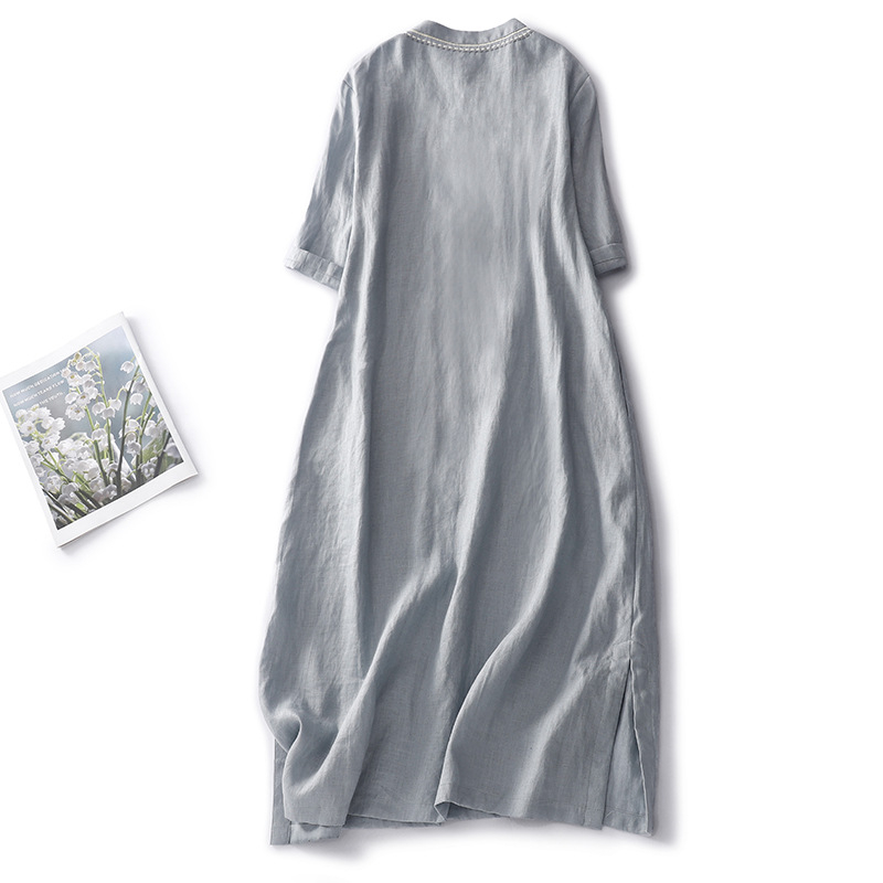 Ženska haljina od pamuk-linen materijala, inspirirana kineskim stilom, s finom vezom, duga jednodelna haljina, visok ovratnik
