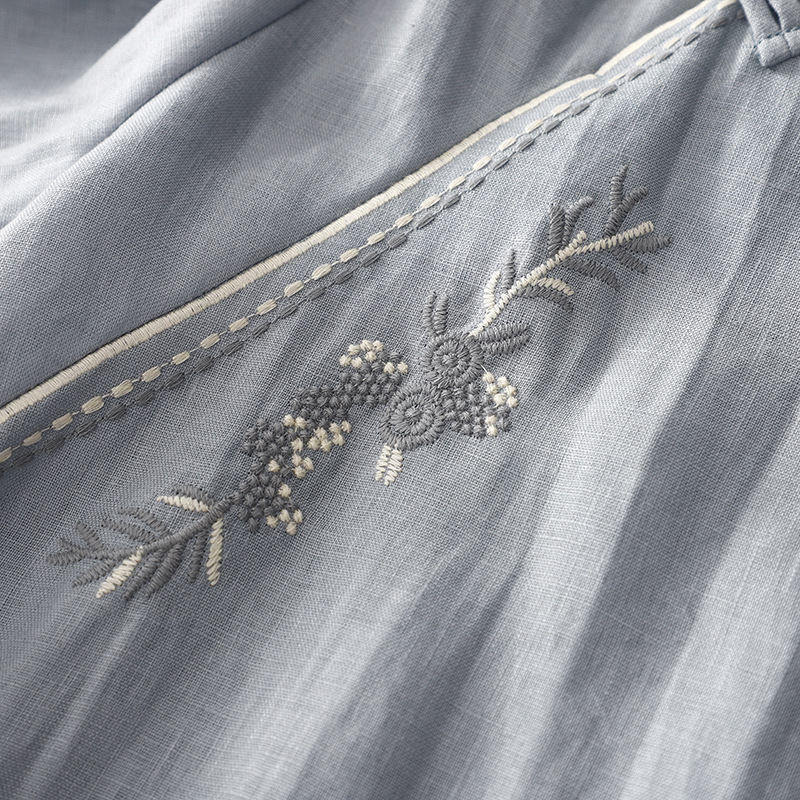 Ženska haljina od pamuk-linen materijala, inspirirana kineskim stilom, s finom vezom, duga jednodelna haljina, visok ovratnik