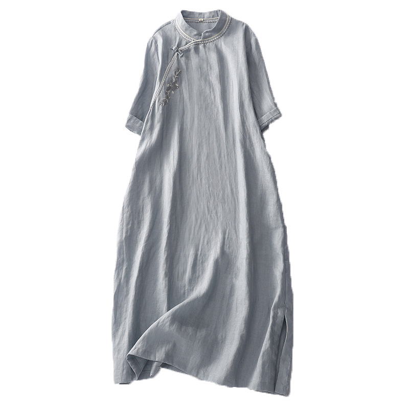 Ženska haljina od pamuk-linen materijala, inspirirana kineskim stilom, s finom vezom, duga jednodelna haljina, visok ovratnik