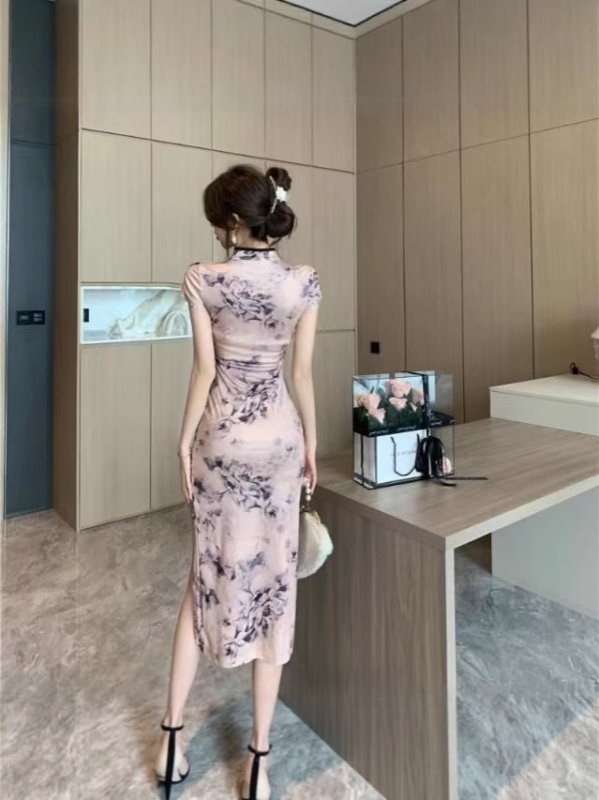 Užimljena haljina inspirirana cheongsamom, kineski stil, s otvorom, srednja duljina, retro visoke kvalitete s floralnim uzorkom
