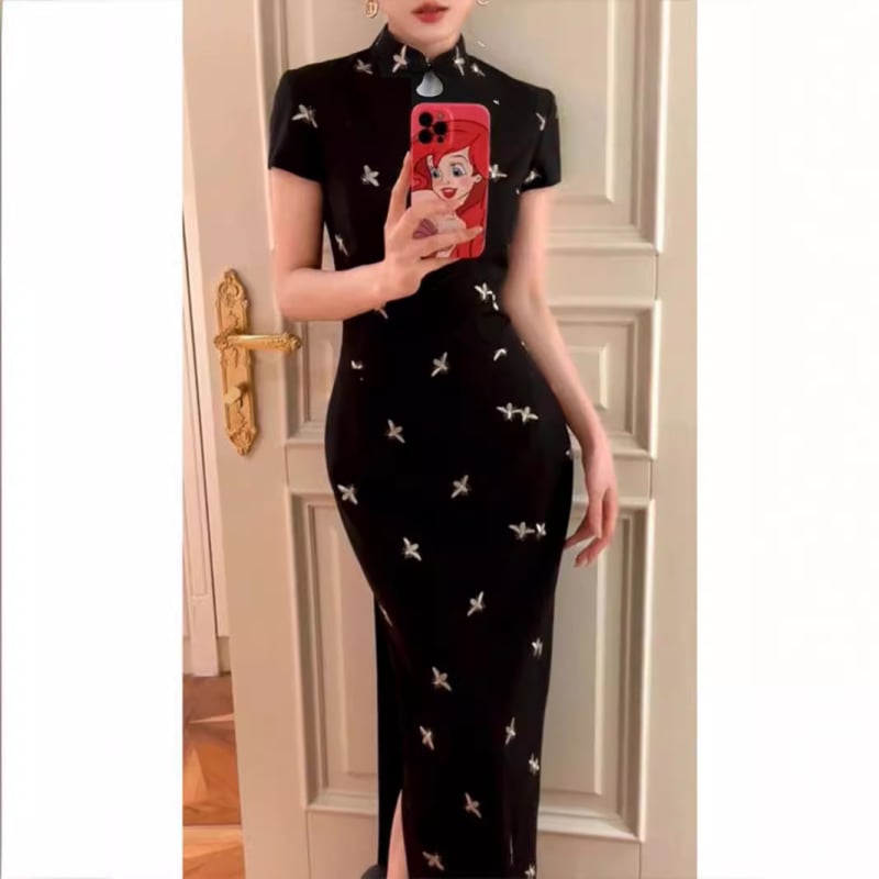 TZ3901 Crna izvezena cheongsam haljina s kratkim rukavima, novi kineski stil, za žene, ljeto, uski kroj, elegantna silueta