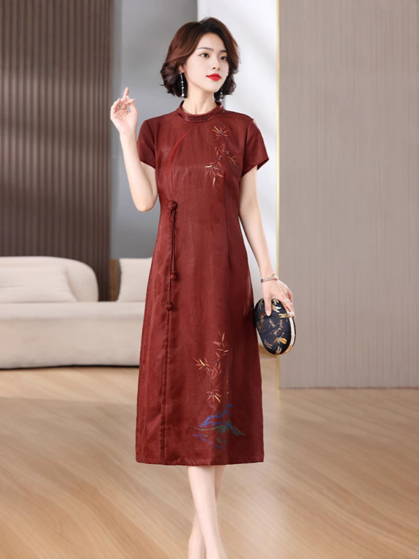 Elegantna jacquard midi haljina s dijamantnim ukrasom, imitacija oblacne pređe, retro kineski stil, crvena midi haljina
