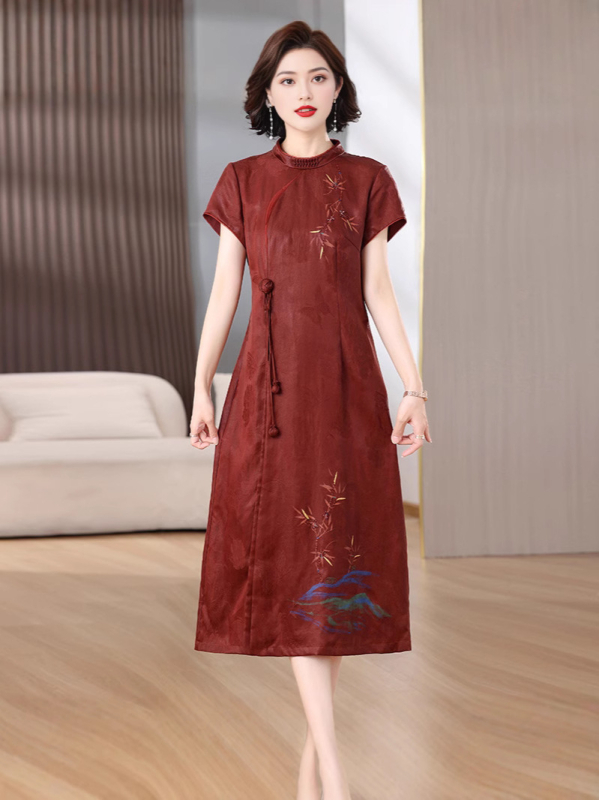 Elegantna jacquard midi haljina s dijamantnim ukrasom, imitacija oblacne pređe, retro kineski stil, crvena midi haljina