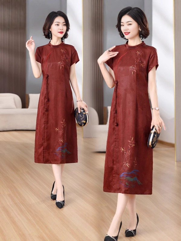 Elegantna jacquard midi haljina s dijamantnim ukrasom, imitacija oblacne pređe, retro kineski stil, crvena midi haljina