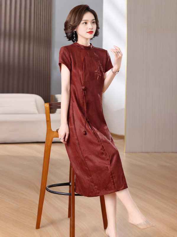 Elegantna jacquard midi haljina s dijamantnim ukrasom, imitacija oblacne pređe, retro kineski stil, crvena midi haljina