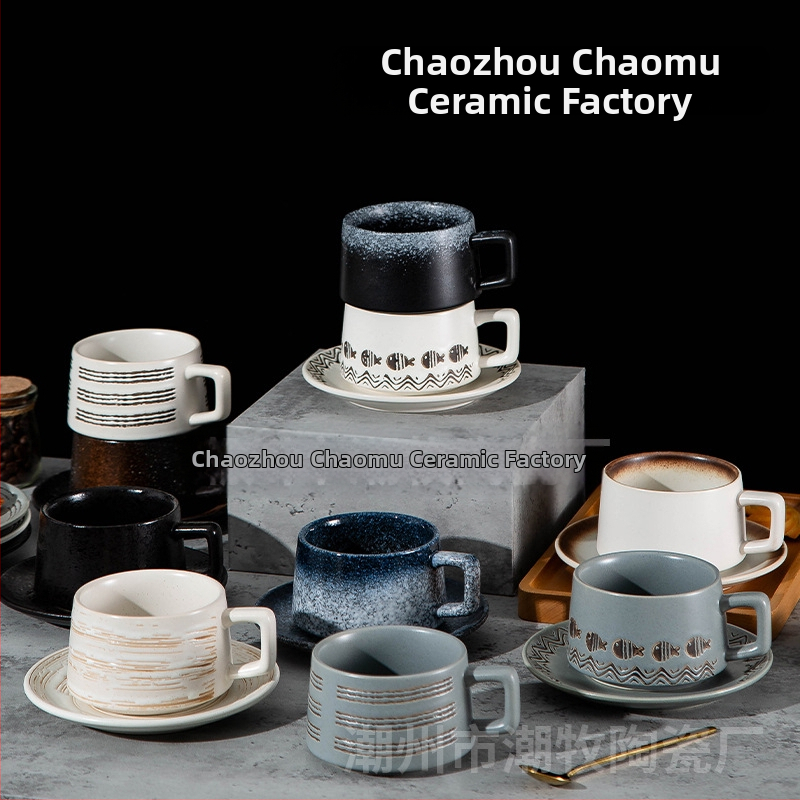 Set ceramic pentru cafea, cești și farfurioare în stil japonez, calitate premium