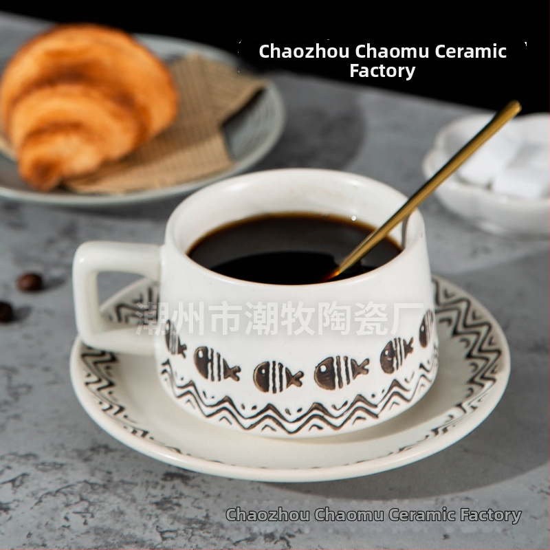 Set ceramic pentru cafea, cești și farfurioare în stil japonez, calitate premium