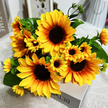 Buchet de floarea-soarelui artificiale pentru nunți și decor de casă, buchet mic, flori decorative pentru vază, disponibil în vrac