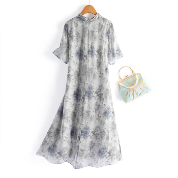 Haljina od Mulberry Silk s cvjetnim uzorkom, stojeći ovratnik, kratki rukavi, A-linija, midi duljina