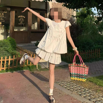 Комплект от две части за бременни: лятна версия с дизайн на панделка, къс ръкав, корейски стил, покриващ корема, пола-костюм