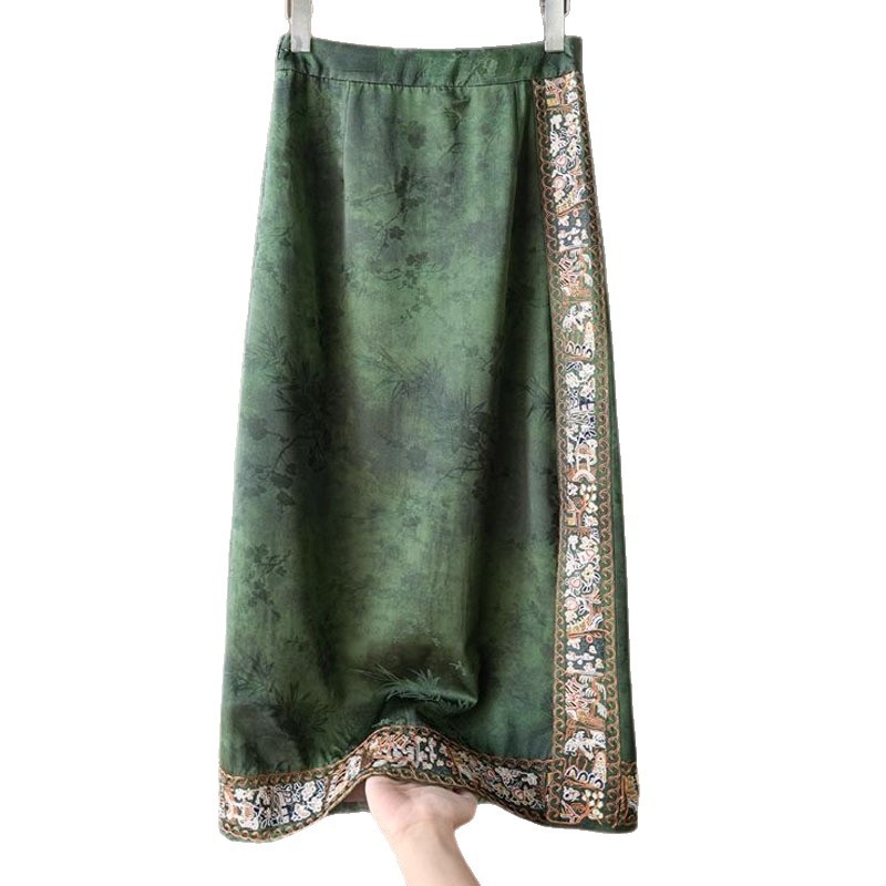 Zelena midi suknja za žene u stilu novog kineskog dizajna s vintage vezom, visokim pojasom, pravo krojenje, srednja duljina, 2025 jesen-zima.