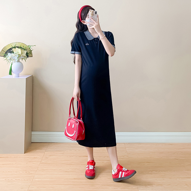 Haljina za trudnice za ljeto, korejski stil, patchwork polo ovratnik, lagana tkanina, A-linija, midi duljina