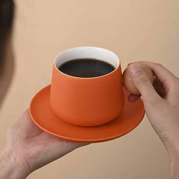 Shangjin Set cafea cu farfurie în stil nordic, mâner din lemn, cană ceramică, design creativ premium