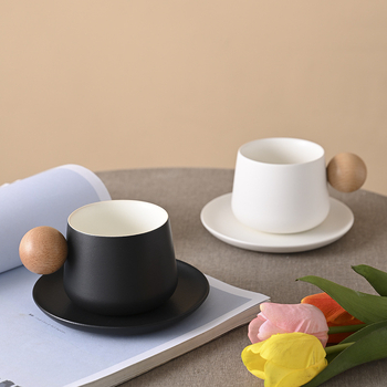 Shangjin Set cafea cu farfurie în stil nordic, mâner din lemn, cană ceramică, design creativ premium